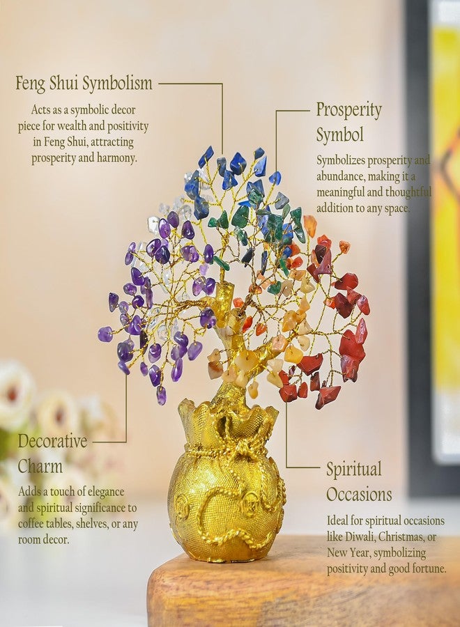 ZAICUS Lucky Feng Shui 7 Chakra Tree with Golden Money Bag Base - Natural Gemstone Decorative Bonsai Tree for Home & Office Décor, Good Luck Diwali Gift, Wealth & Prosperity Showpiece (7 X 3 Inch) - Image 4